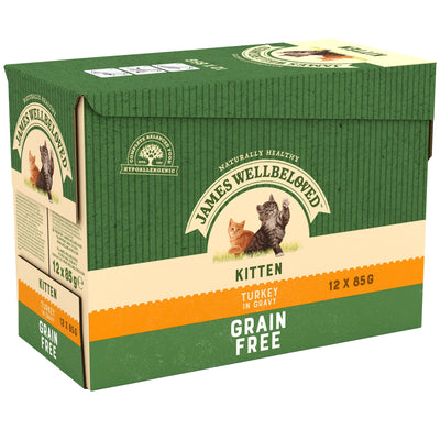 James Wellbeloved Grain Free Kitten Cat Wet Food Pouch Turkey in Gravy 12x85g